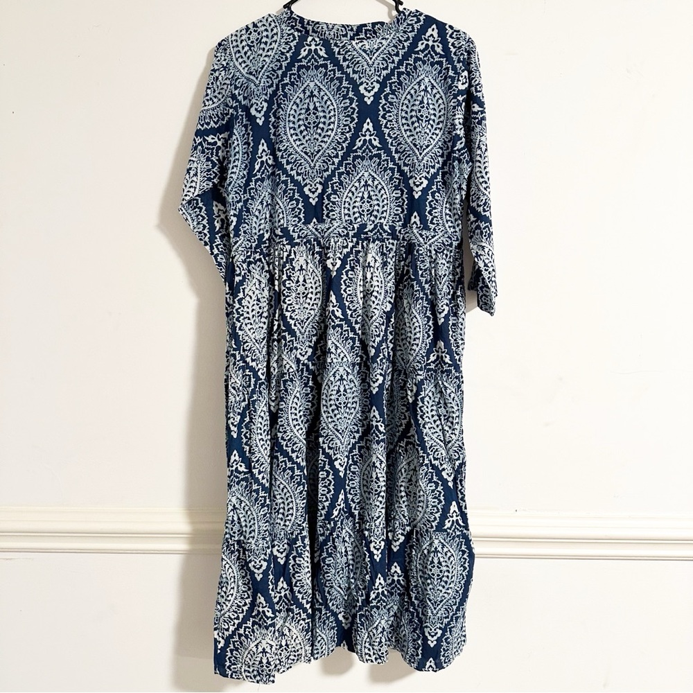 Ethnic Traders Blue and White Paisley Tie Waist Midi Dress - Picture 7 of 7